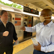 Jamaal Bowman, right,, getting ready to first bump commuter with Joe Hernandez at the Van Cortlandt Park-242nd Street subway station platform in New York City on June 8, 2020.